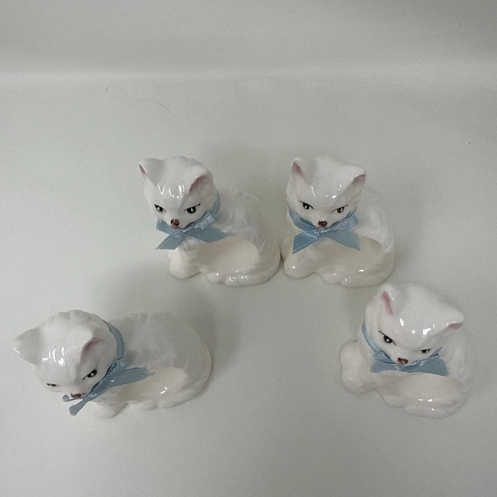 Cat Napkin Rings With Blue Bows Set Of 4 Ron Gordon Designs Ceramic 1983 Vintage